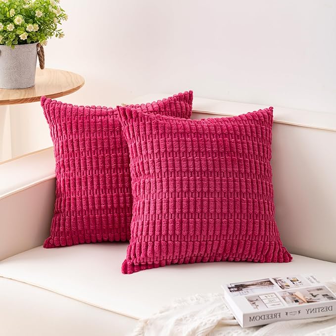 Aegero Pack of 2 Corduroy Decorative Throw Pillow Covers 20x20 Inch Soft Striped Pillow Covers Modern Farmhouse Home Decor for Sofa Living Room Couch Bed（Rose Red）