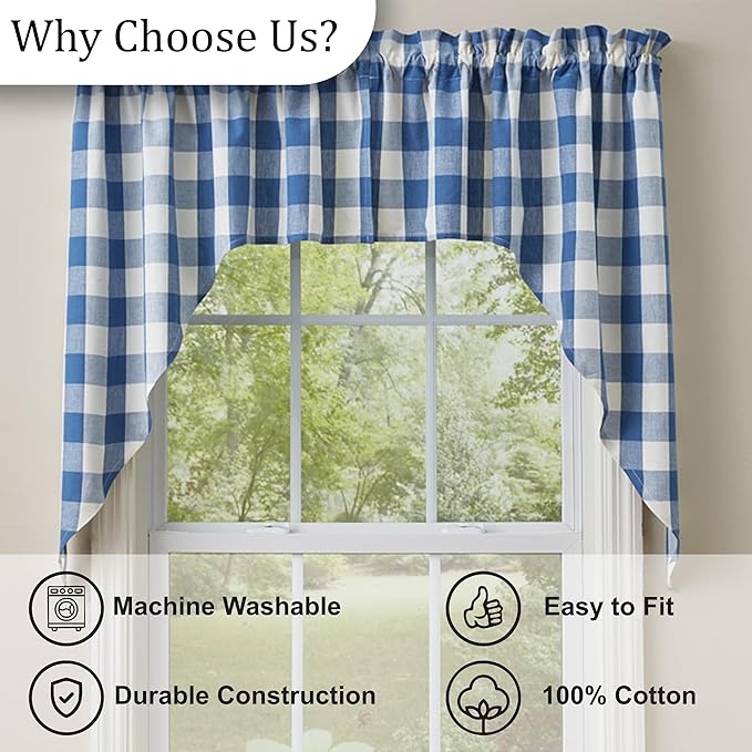 Park Designs China Blue Buffalo Check Swag Pair | Cotton Light Filtering Window Valance Curtains | Rod Pocket Farmhouse Drapes for Kitchen Dining Living Room Country Decor | 72" x 36"