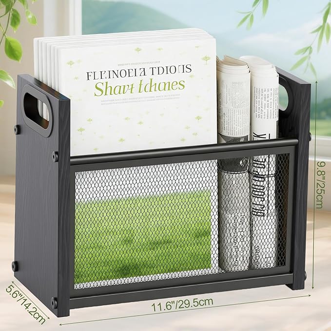 Magazine Rack & Holder, Mesh Magazine Rack Floor, Multi-Purpose Storage Organizer for Magazines, Books, Newspapers, Mail, Tablets | Magazines Storage Basket for Home, Office, Bathroom, Black Walnut