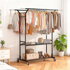 Luxspire Heavy Duty Clothes Rack Load 650 LBS, Double Rod Clothing Racks for Hanging Clothes, Rolling Garment Racks with Lockable Wheels, Shelves, Adjustable Laundry Hanging Rack, Black