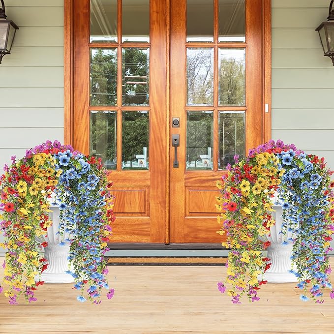 Artificial Hanging Flowers for Outdoors, 8 Pcs Fake Plant for Spring Summer Decoration, UV Resistant Realistic Silk Faux Flowers Outside Indoor Planter Porch Patio Balcony Yard Decor