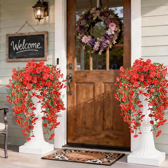 Artificial Hanging Flowers for Outdoors, 2 PCS UV Resistant Faux Silk 150 Morning Glory Each Trailing Vines, Fake Plants for Spring Outdoor Garden Planter Porch Patio Decoration, Red