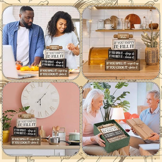 Moucuny 4 Pcs Rustic Wooden Table Decor Farmhouse Kitchen Rules Wood Sign Black Brown and White Centerpiece Rolling Pin Block Sign for Home Living Room Dining Room Shelf Table Decor