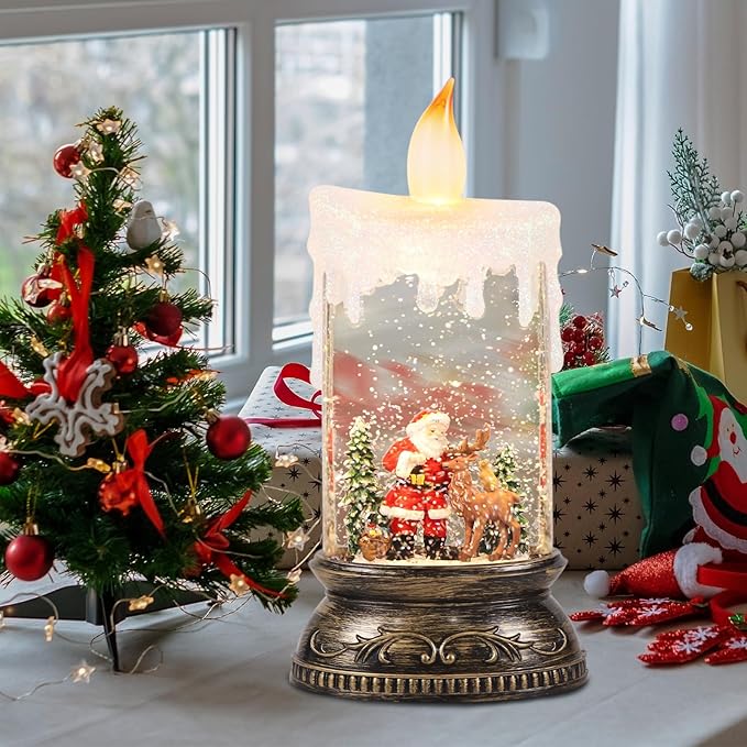 GenSwin Christmas Snow Globe Candle, Swirling Glittering Candle with Timer Music and Santa and Reindeer, Winter Snow Shaped Lantern, USB/Battery Operated Candles for Christmas Decoration