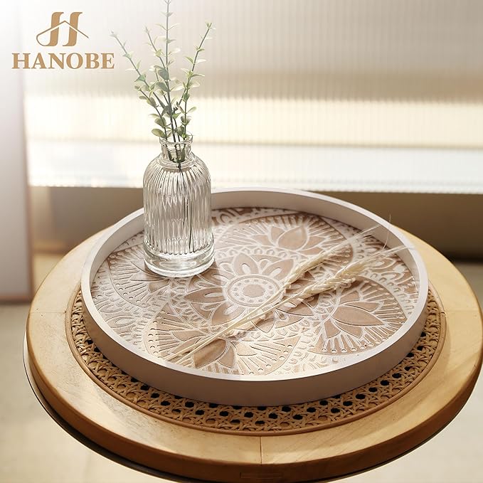 Hanobe Decorative Serving Tray Round: 2Pcs Farmhouse Coffee Table Decor with White Boho Bead Garland - Mandala Trays for Living Room Kitchen Display