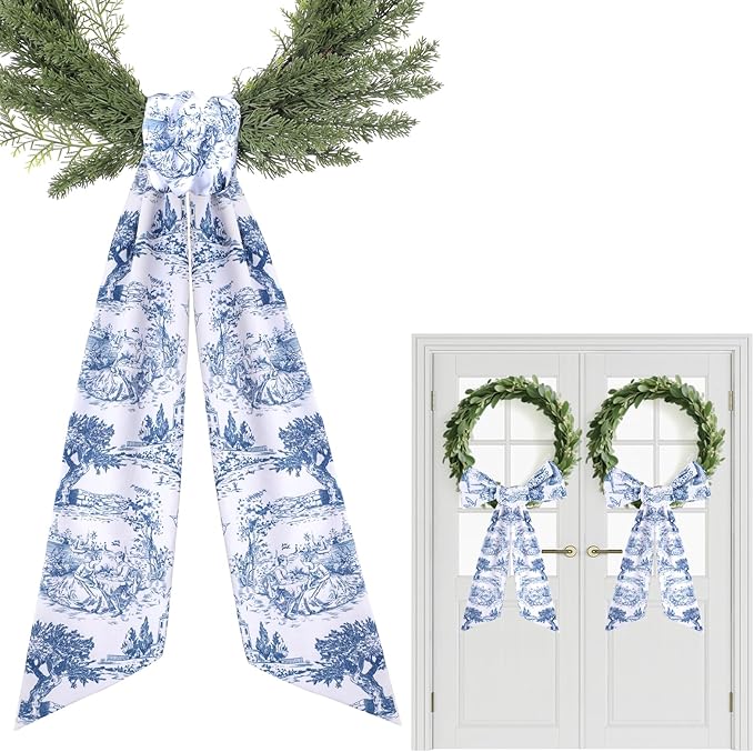 Blue French Toile Sash for Wreaths - 2 Pcs Rustic Wreath Sashes for Front Door Kitchen Cabinet, Wreath Sash for Monogram Embroidery Farmhouse Home Decor