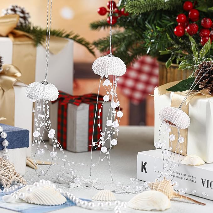 Namalu 3 Pcs Sea Urchin Jellyfish Christmas Ornament Coastal Beaded Beach Theme Holiday Decor Ocean Inspired Hanging Jellyfish Decoration with Crystal and Ribbon (White)