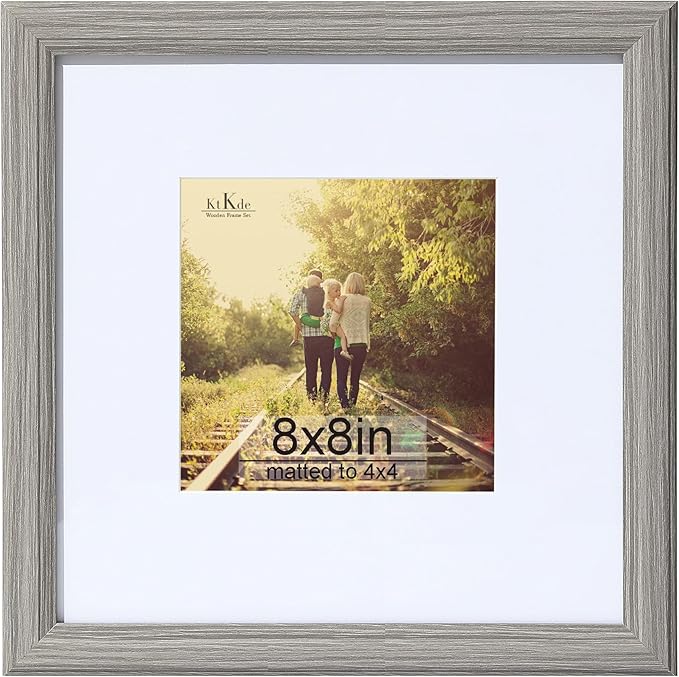KTKDE 8x8 Picture Frame Real Glass, Display Pictures 4x4 with Mat or 8x8 Without Mat, Modern Style Wood Composite Frame,Gallery Wall Grey Frame & Table Top Display，best gift