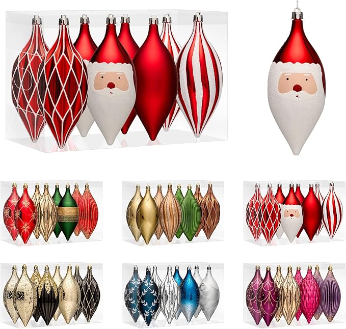 JORNOY Finial Christmas Ornaments for Tree Decorations, 150mm/6 in Shatterproof Plastic Hanging Large Tear Drop Baubles Bulk for Holiday Home Party Decor with String, 8 Pack, Red White