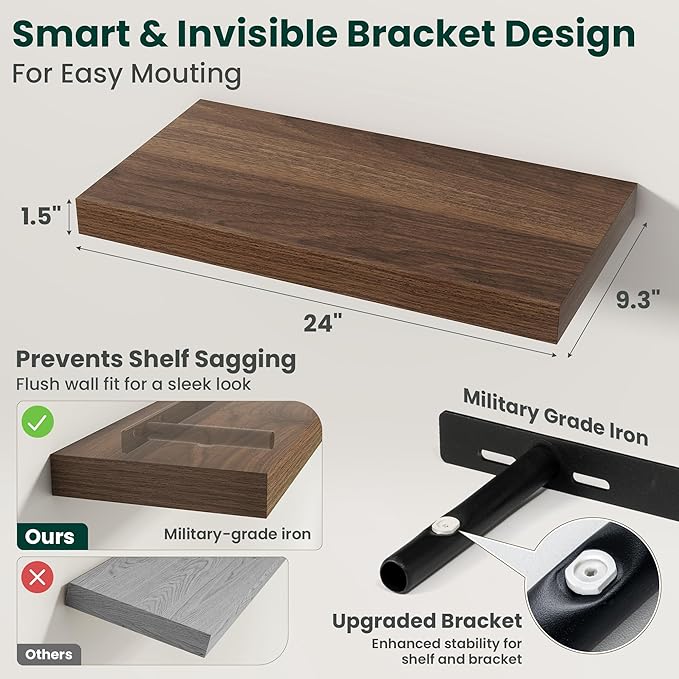 Floating Shelves for Wall 24 in x 9.3 in Deep, Wall Mounted Rustic Wood Shelf with Invisible Brackets for Storage & Display, Living Room Bedroom Bathroom, Walnut, 2 Pack