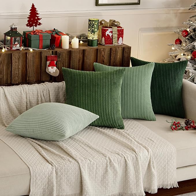 MIULEE Boho Farmhouse Sage Green Throw Pillow Covers 18x18 Inch Set of 4 Mordern Nordic Cushion Covers Soft Corduroy Spring Home Decor for Couch Bed Sofa Living Room Forest Green