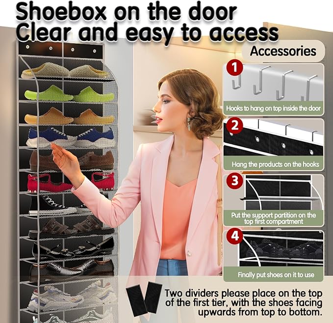 Over The Door Shoe Organizer with 12 Large Breathable Pockets - Durable Hanging Storage for the Entire Family's Shoes (Black)