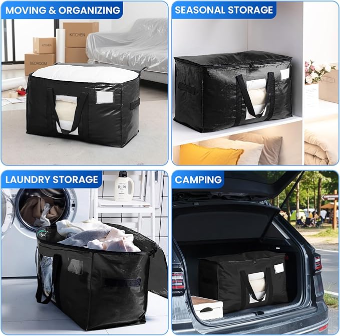TAILI Extra Large Moving Bags, 2 Pack Black Heavy Duty Totes For Storage with Visible Window, Wrap Around Handles, Storage Bags for Space Saving, Alternative to Moving Boxes