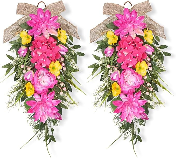 2 Pcs Pink Teardrop Swag Wreaths for Front Door 23.6" Hydrangea Floral Swag Wreath with Dahlia Tulip Summer Spring Swags for Front Door Porch Wall Window Farmhouse Decorations