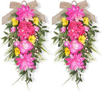 2 Pcs Pink Teardrop Swag Wreaths for Front Door 23.6" Hydrangea Floral Swag Wreath with Dahlia Tulip Summer Spring Swags for Front Door Porch Wall Window Farmhouse Decorations