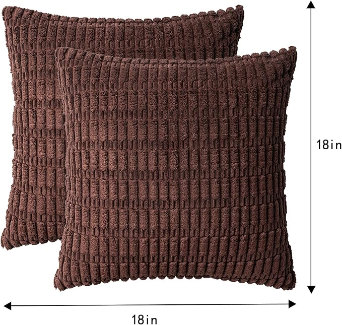 Aegero Pack of 2 Corduroy Decorative Throw Pillow Covers 18x18 InchSoft Boho Striped Pillow Covers Modern Farmhouse Home Decor for Sofa Living Room Couch Bed（Dark Brown）