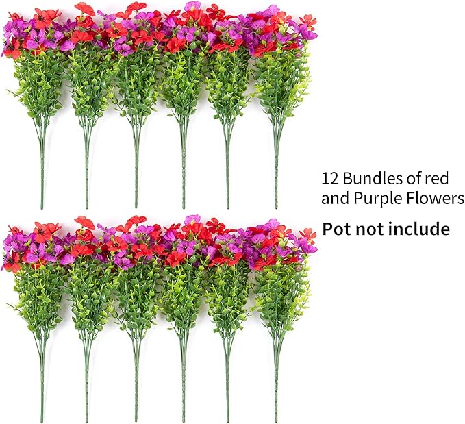 Artificial Fake Flowers Plants for Outdoor Spring Decor, 12 Bundles Faux Silk Flowers for Outdoor Outside Planter Colorful Daisy UV Resistant Look Real for Front Door Porch Patio Yard(Red Purple)