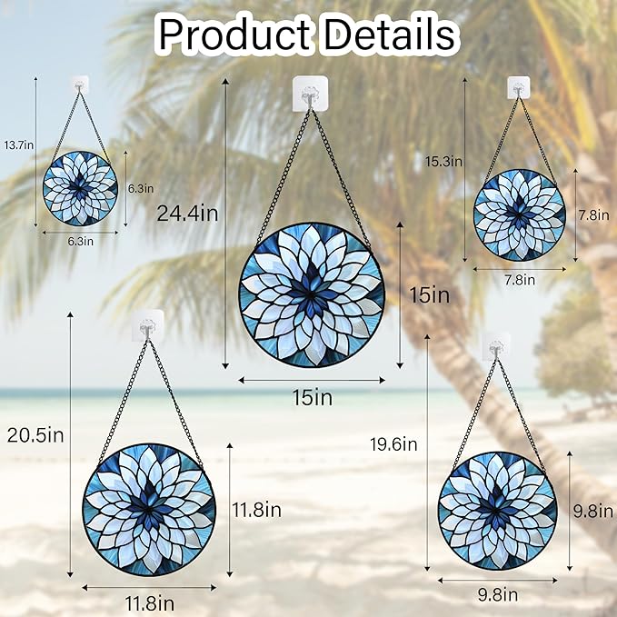 Stained Glass Suncatcher, Blue White Multi-Petal Flowers Sun Catcher Landscape Stain Glass Window Hanging Decoration Mother's Day Birthday Gifts for Women Men Mom Nana 11.8 in