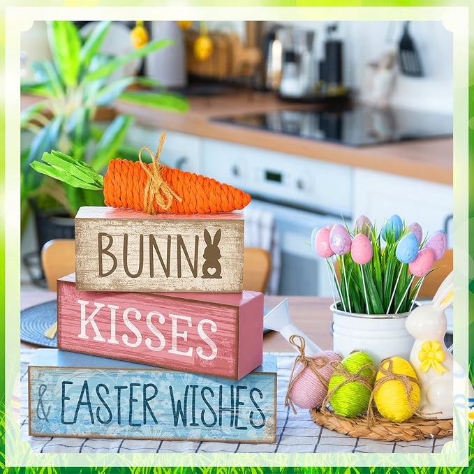 Moucuny 4 Pcs Easter Table Decoration Wooden Block Carrot Decor Easter Tiered Tray Decoration Cute Bunny Centerpiece Rustic Carrot Sign Gift for Holy Week Kitchen, Party, Entryway Fireplace Decor
