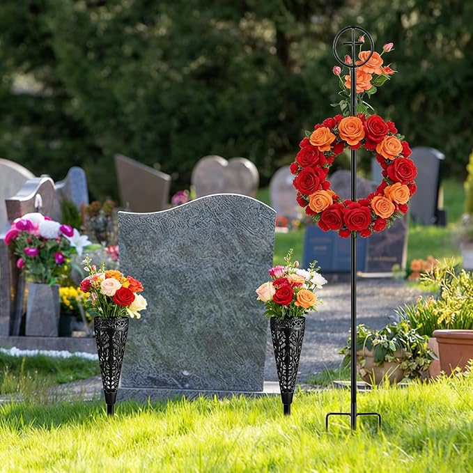 Cemetery Wreath Stands & 2 PCS Cemetery Vase, 38" Christmas Metal Wreath Holder Stand with Cross 3 Pronged Decor, Gravestone Wreath Hanger Headstone Flower Holder for Xmas Memorial Day Graveside Decor