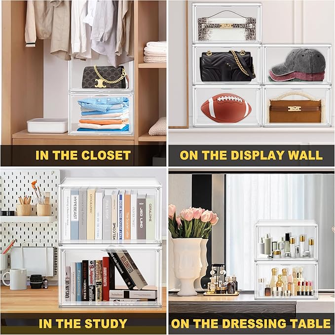 Clear Shoe Boxes Plastic Stackable ‌Shoe Cabinet‌ with Acrylic Magnetic Lids Drop Side Sneaker Display Case for Closet, Entryway, Fits Men's Shoes up to Size 12.5 (14.17''x10.62''x8.07'')