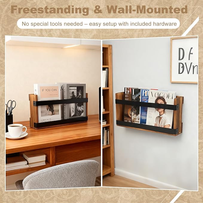 Wood Magazine Rack Wall Mounted & Wall Magazine Rack, Pine Wood Black Metal Wall Magazine Holder for Magazines, Books, Mountable or Freestanding Organizer