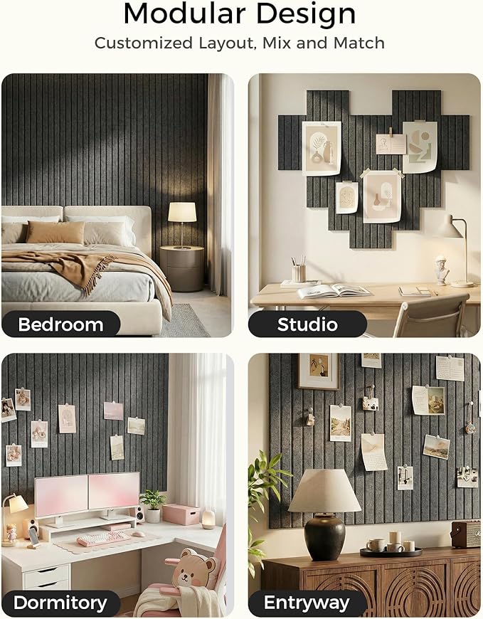 Aothia 12-Pack Felt Bulletin Board Tiles 48"x36", Modular Pin Board for Smooth Walls, Cork Board Alternative for Notes & Photos, 0.35" Thick, 70 Adhesive Tabs & 40 Pins, Charcoal Gray