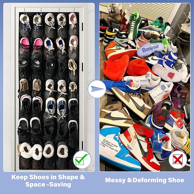35Large Pockets Over The Door Shoe Organizer, Mesh Pockets Shoe Holder Rack, Capacity hanging shoe organizer，door shoe rack With 4 Metal Hook.