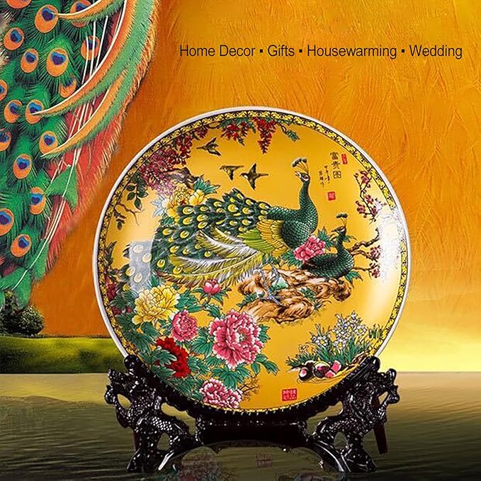 LIYAOLI Decorative Plates for Display,2024 Chinese Classical Colorful Peacock Birds and Peony Flowers Plate Decor Handmade Art Decor for Display Living Room Table
