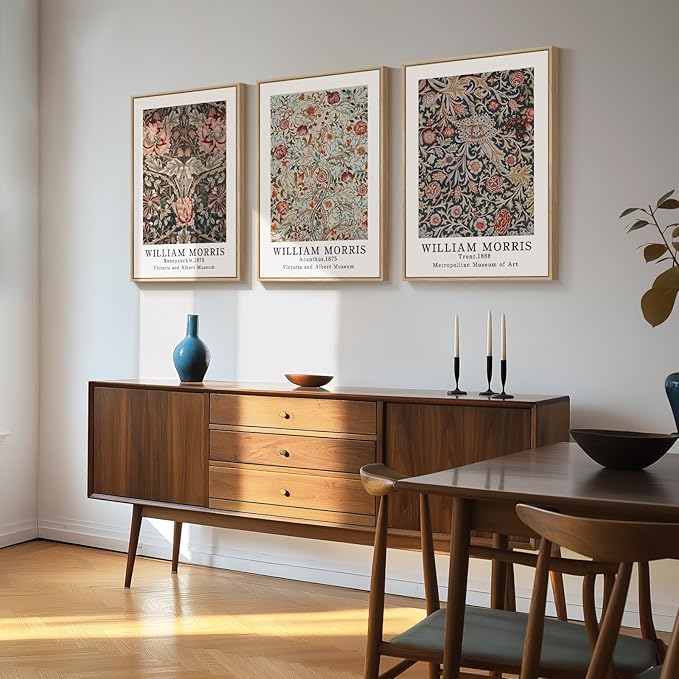 Framed Vintage William Morris Canvas Wall Art Set of 3, Large Retro Floral Artwork Prints, Rustic Farmhouse Botanical Aesthetic Wall Decor for Living Room, Bedroom, Hallway, Office, Total Size 30x60