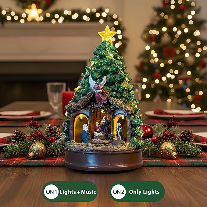 Christmas Tree Lighted Animated Rotating Adoration of The Magi Nativity Manger Scene, Musical Creche With Barn Animals Figurines LED Lights, Home Decor Gifts Festive Holiday Tabletop Decorations