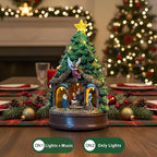 Christmas Tree Lighted Animated Rotating Adoration of The Magi Nativity Manger Scene, Musical Creche With Barn Animals Figurines LED Lights, Home Decor Gifts Festive Holiday Tabletop Decorations