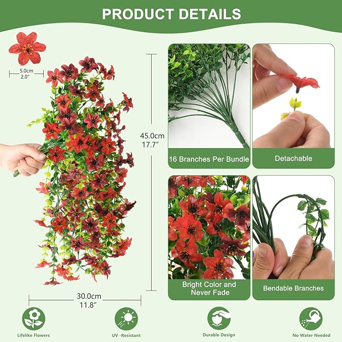 Artificial Hanging Flowers for Outdoors, 2 Pcs Fake Hanging Plant Spring Summer Decoration, UV Resistant No Fade Faux Flower for Porch Patio Yard Window Home Decor(Red Brown)