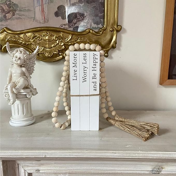 Decorative Books for Home Decor, White Faux Books for Decoration, Rustic Farmhouse Stacked Display Books with 52in Wood Bead Garland for Coffee Tables Living Room, (Happy)