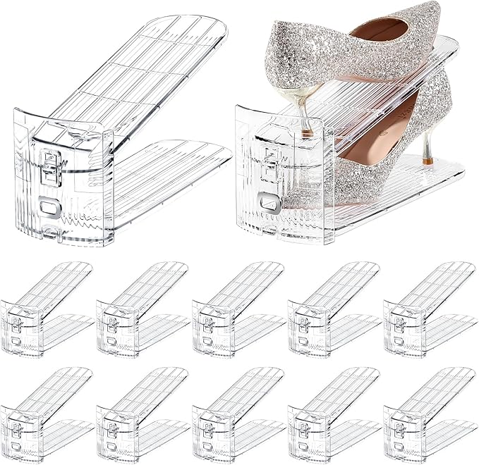 TOPNEW Shoe Slots Organizer for Closet 10 Pack Adjustable Level Shoe Stacker Holder Organization Double Layer Storage Space Saving Shoe Rack Organizer for Closet (Transparent)