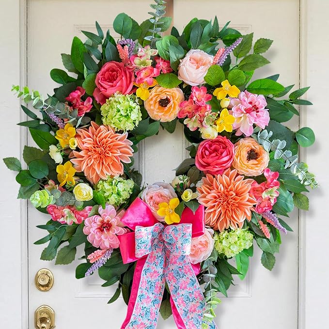 Spring Wreaths for Front Door 24 Inch Outdoor Spring Wreath with Pink Bow– Handmade Peach Dahlia & Garden Rose Summer Wreaths for Front Door,Farmhouse Home,Porch,Wall,Window Decor