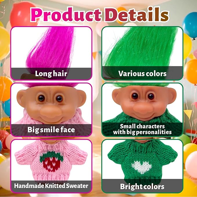 Retro Vintage Lucky Troll Dolls Assorted Hair Colors Chromatic Adorable for Collections, School Project, Arts and Crafts, Party Favors (Pink)