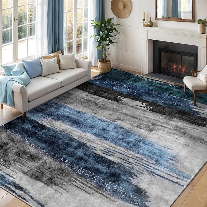 Ciicool Modern Abstract Deep Blue Gray Rug for Living Room, 6'x9' Machine Washable Area Rug Non-Slip Rug, Low-Pile Contemporary Indoor Dining Floor Carpet for Bedroom Office Under Table Home Decor