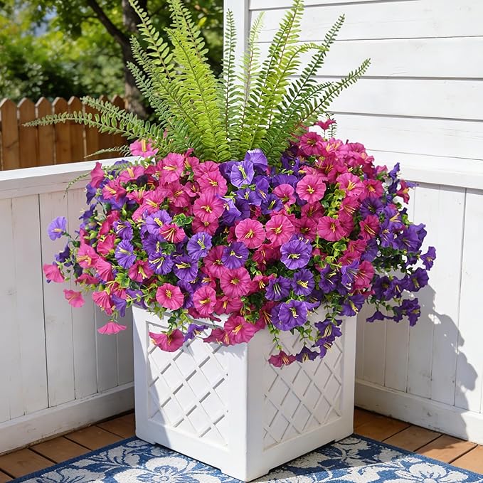 Artificial Flowers for Outdoors Faux Plants Outside Indoor,UV Resistant Silk Fake Petunia Tall Ferns for Home Patio Garden Back Yard Front Poch Decor Spring Summer(13 Bunchs,Dk. & Lt. Purple)