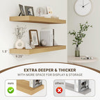 Acovy 72 Inch Floating Shelves, 3D Textured Wood Grain, 72"x9.25"x1.5" Inch Deep Floating Shelves for Wall, Wooden Shelves for Bathroom, Bedroom, Living Room, Natural, 1 Piece