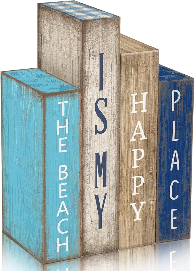 Lineshading 4 Pcs Summer Table Decoration Wooden Book Coastal Beach Decoration Blue and White Summer Tiered Tray Decor Wood Book Signs Farmhouse for Ocean Party Home Shelf Coffee Table