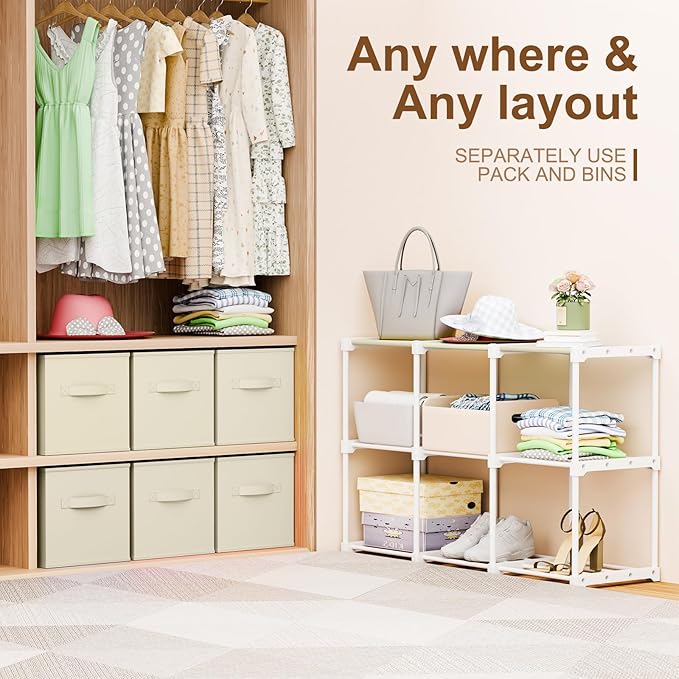 6 Cube Storage Organizer with Shelf Back to School Boxes 11 Inch Toy Storage Bins Closet Organizers Drawers Fabric Dresser for Playroom Books Bedroom Dorm Kitchen (Creamy White)
