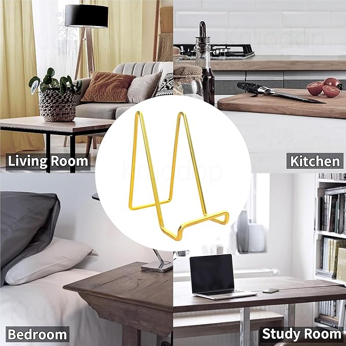 3 Pack 4 inch Metal Plate Stands for Display, Plate Holder Pictures Frame Easel Display Stand, Tabletop Picture Stand, Iron Easels for Display Photo Frames, Plates, Vinyl Record，Book, Sign（Gold）