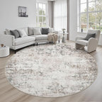 Round Area Rug for Living Room: 8 ft Washable Modern Abstract Soft Thin Rug Indoor Floor No Slip Stain Resistant Carpet for Bedroom Dining Room Farmhouse Nursery Home Office - Brown Grey