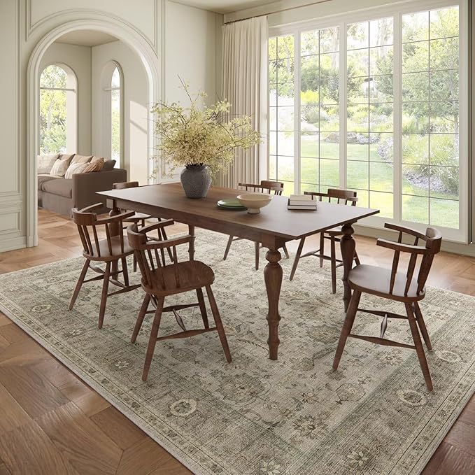 Washable 8x10 Area Rugs for Living Room, Boho Non-Slip Vintage Distress Large Rugs for Bedroom Dining Room Nursery Office, 0.3" Neutral Oriental Throw Thin Carpet, Flaxen/Brown/Multi