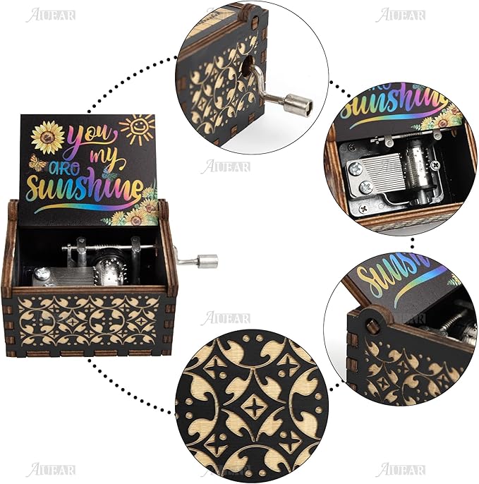 AUEAR, You are My Sunshine Wooden Music Box Hand Crank Laser Engraved Vintage Musical Small Unique Gift for Birthday Wedding Christmas Valentines Day (Style C)