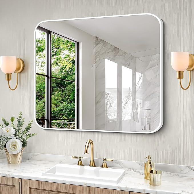 BONEWEI White Bathroom Mirror,30x36 inch Wall Mirror for Bathroom Wall Mounted,Rectangle Mirror for Bathroom Over Sink,Modern Frame Round Corner for Living Room,Bedroom Entryway,Horizontal/Vertical