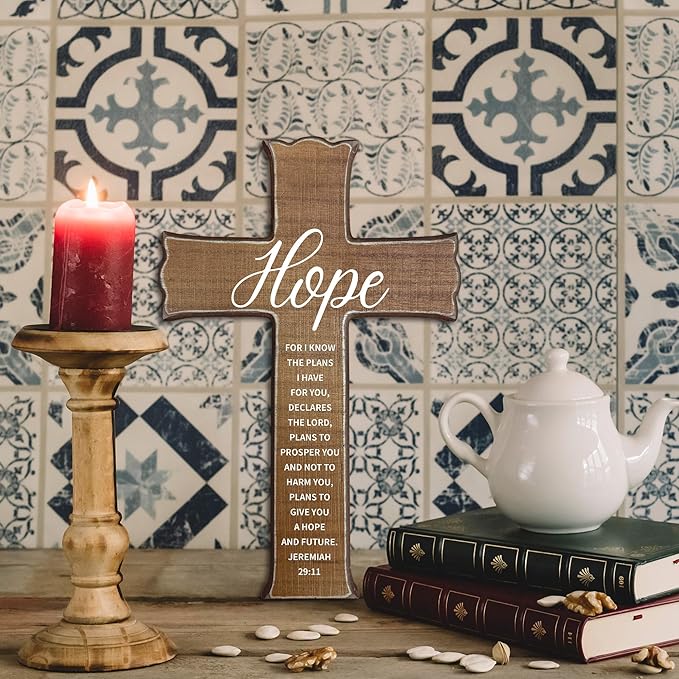 dsjaidh Cross Wall Decor - Wood Color Scripture Wooden Cross For Wall - Rustic Wooden Hanging Signs Easter Decor for Home Office Church Baptism - Christian Gifts for Men Women (Hope) - A04