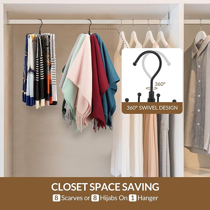 ZEDODIER 2 Pack Scarf Organizer Scarf Hanger for Closet, Rotatable Sturdy Hijab Holder Holds 16 Scarves, Metal Space Saving Closet Organizers and Storage, Black
