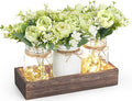 Mkono Mason Jar Lights Centerpiece Table Decor for Dining Room Farmhouse Wood Tray with 3 Jars Flowers Valentines Day Decoration for Coffee Table Kitchen Living Room Wedding